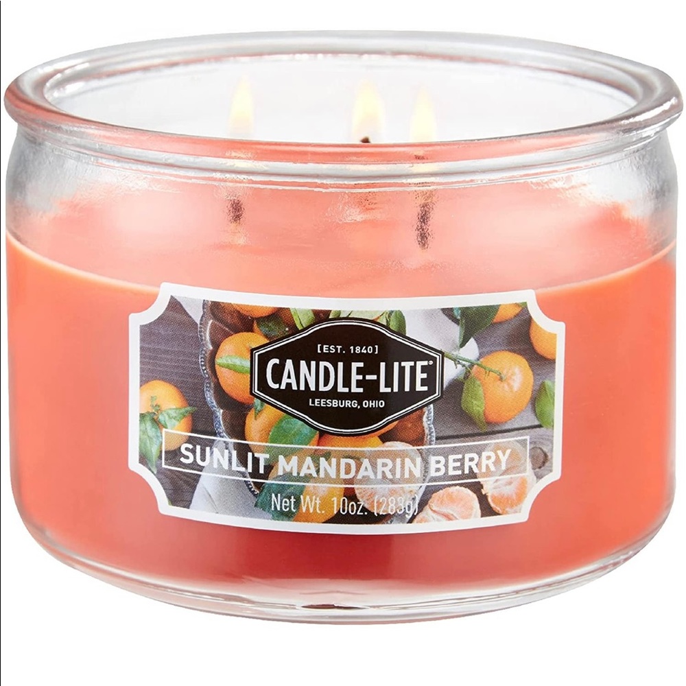 CANDLE-LITE SUNLIT MANDARIN BERRY 3 WICK CANDLE with 20-40 hrs, 10 oz jar.